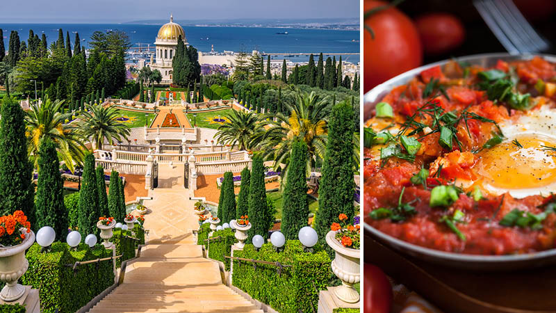 Bahai garden med frggranna blommor och Isrlaensk mat p resa till Israel.