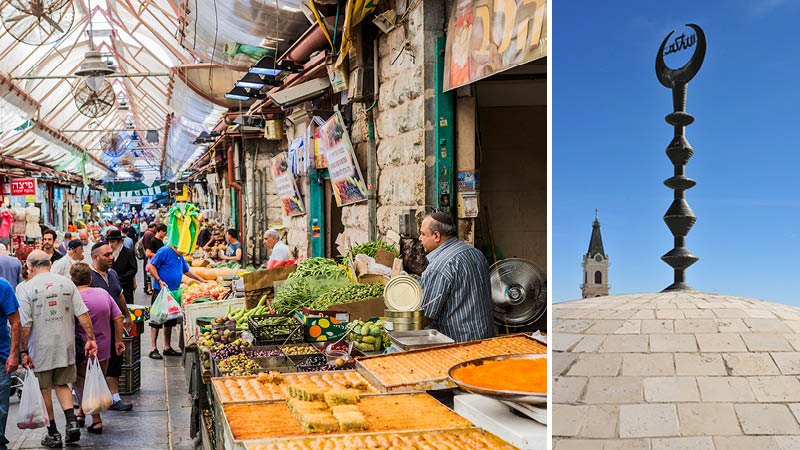 Marknad med kryddor, tyger och frukt i Jerusalem.