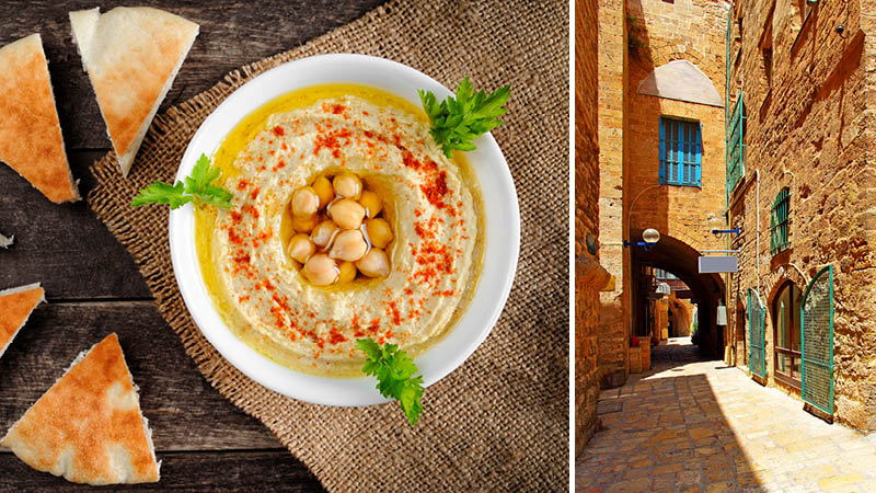 Israliensk mat med hummus och pittoreska grnder.
