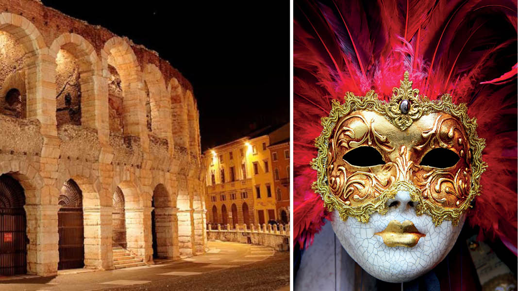 Amfiteatern och teatermask i operastaden Verona