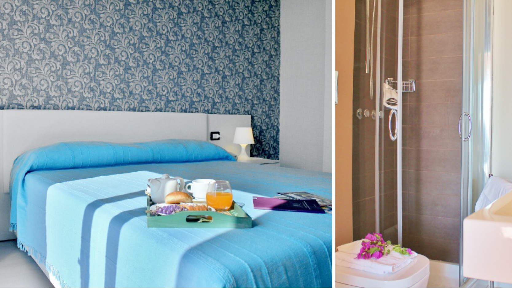 Frukost p sngen och frscht badrum p hotell Baia Azzurra nedanfr Taormina, Sicilien.