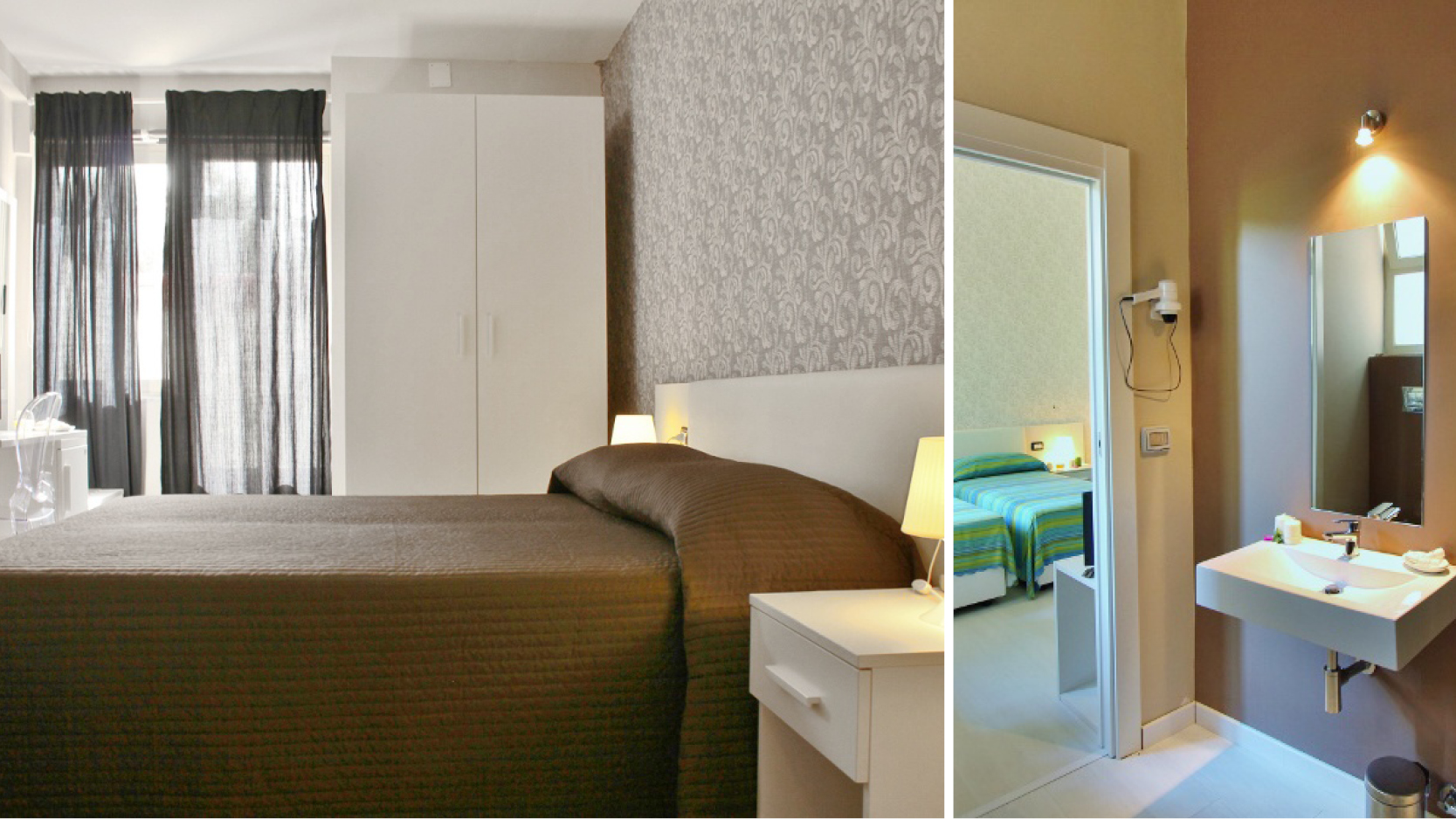 Dubbelrum med bred sng och badrum p hotell Baia Azzurra nedanfr Taormina, Sicilien.