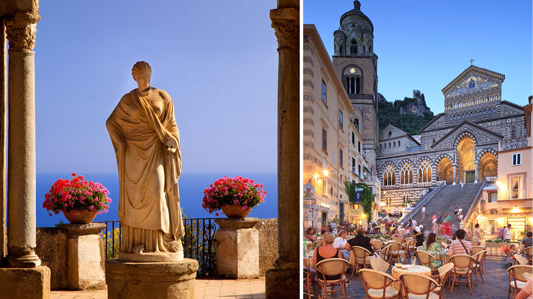Romersk staty i bergsbyn Ravello samt domkyrkan i Amalfi stad