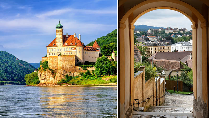 Klostret Stift Melk med utsikt ver Donaufloden och pittoreska gator i Wien.