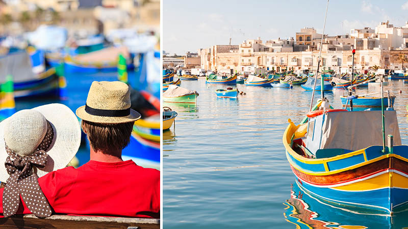 Traditionella Marsaxlok-båtar med granna färger i hamnen på Malta.