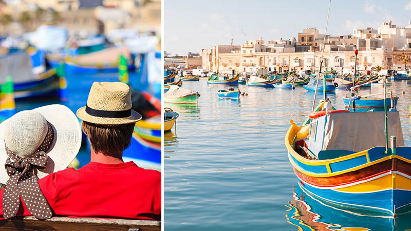 Traditionella Marsaxlok-btar med granna frger i hamnen p Malta.