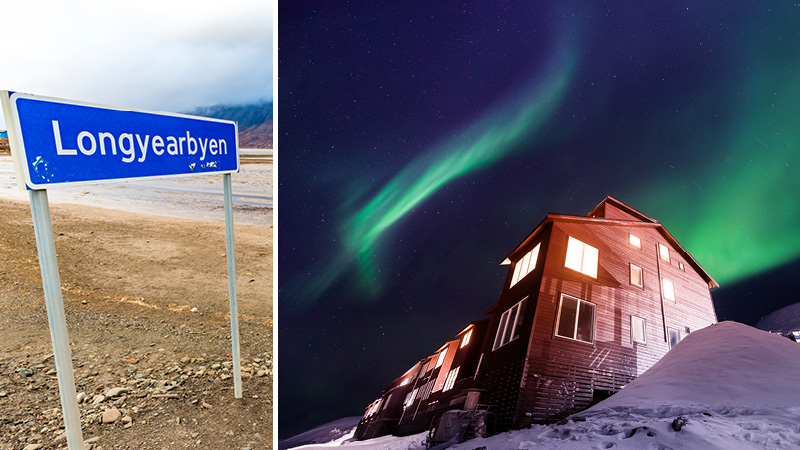 Grnt norrsken p natthimlen ovanfr en trstuga i Longyearbyen p Svalbard.