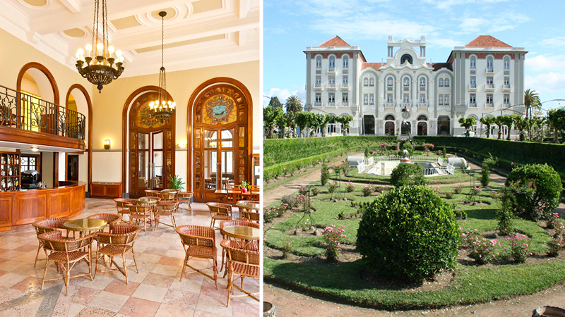 Vacker trdgrd och rabatter framfr det gamla badhotellet Curia Palace i Portugal.