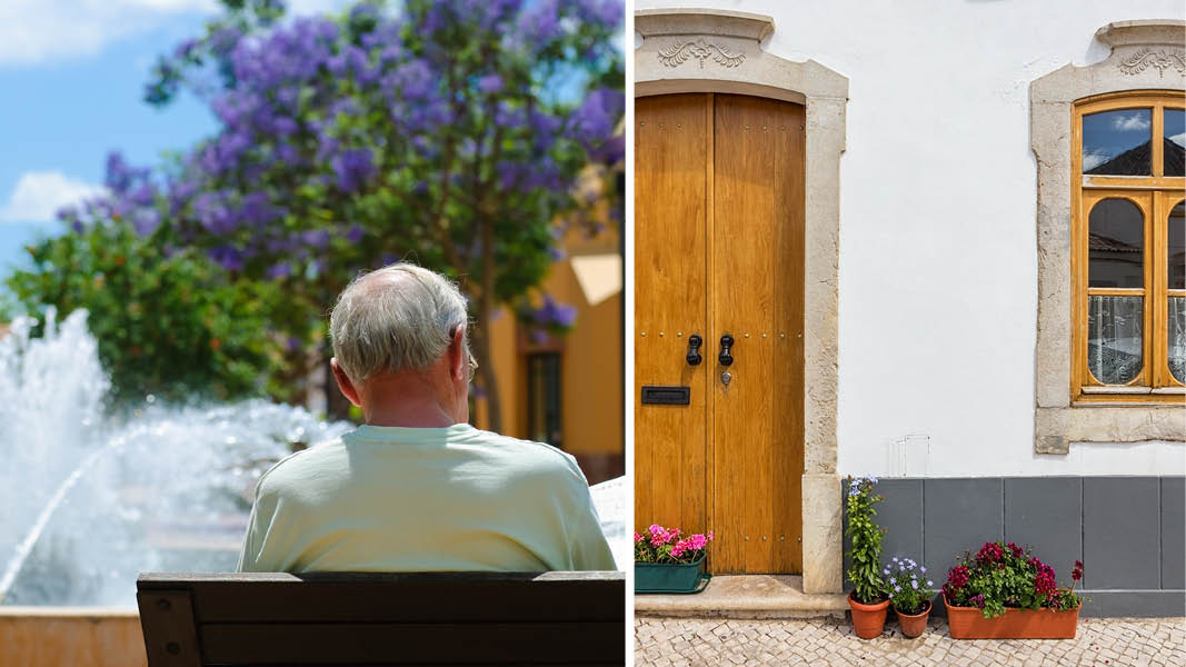 man njuter av omgivningarna och fontnen p resa till tavira