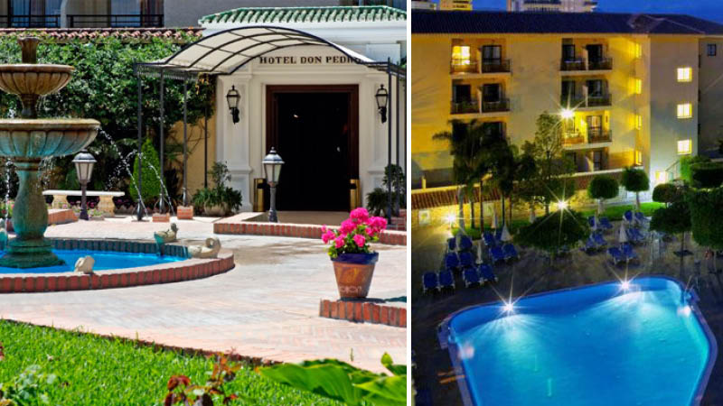 Entrn till det 4-stjrniga hotellet Sol Don Pedro. Upplyst poolomrde i kvllsljus, p en lngtidssemester till Andalusien.