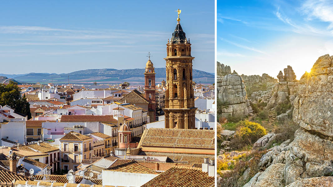 Handelsstaden Antequeras gamla stadsdel och vacker natur i Andalusien på en långtidssemester.