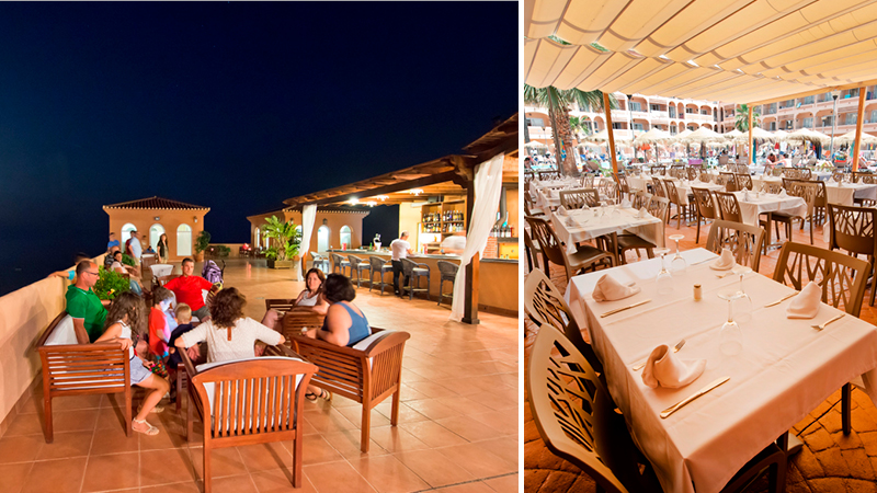 Restaurang med middagsbord och hotellgster under kvllshimlen p hotell Bahia Tropical i Almunecar, Andalusien.