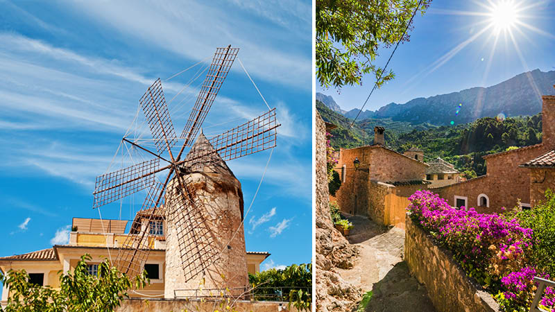 idylliska byar och natursknt landskap med vderkvarnar p mallorca