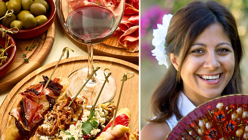 Spansk tapas med vin och spansk kvinna med solfjäder